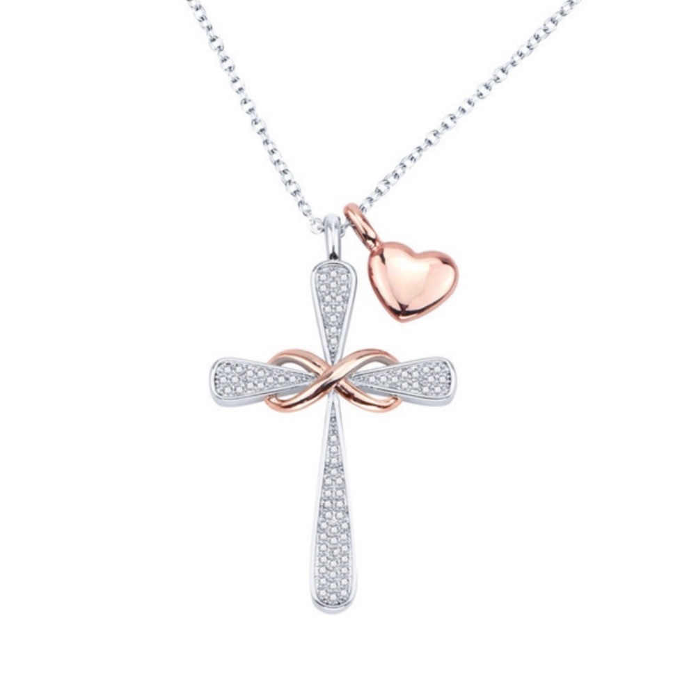 ✨🧘‍♀️✨Sterling Silver CZ Cross Necklace w/Rose GP Heart & Infinity Symbol✨